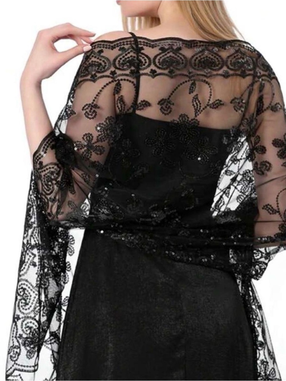 Black Beaded Sheer Lace Evening Shawl